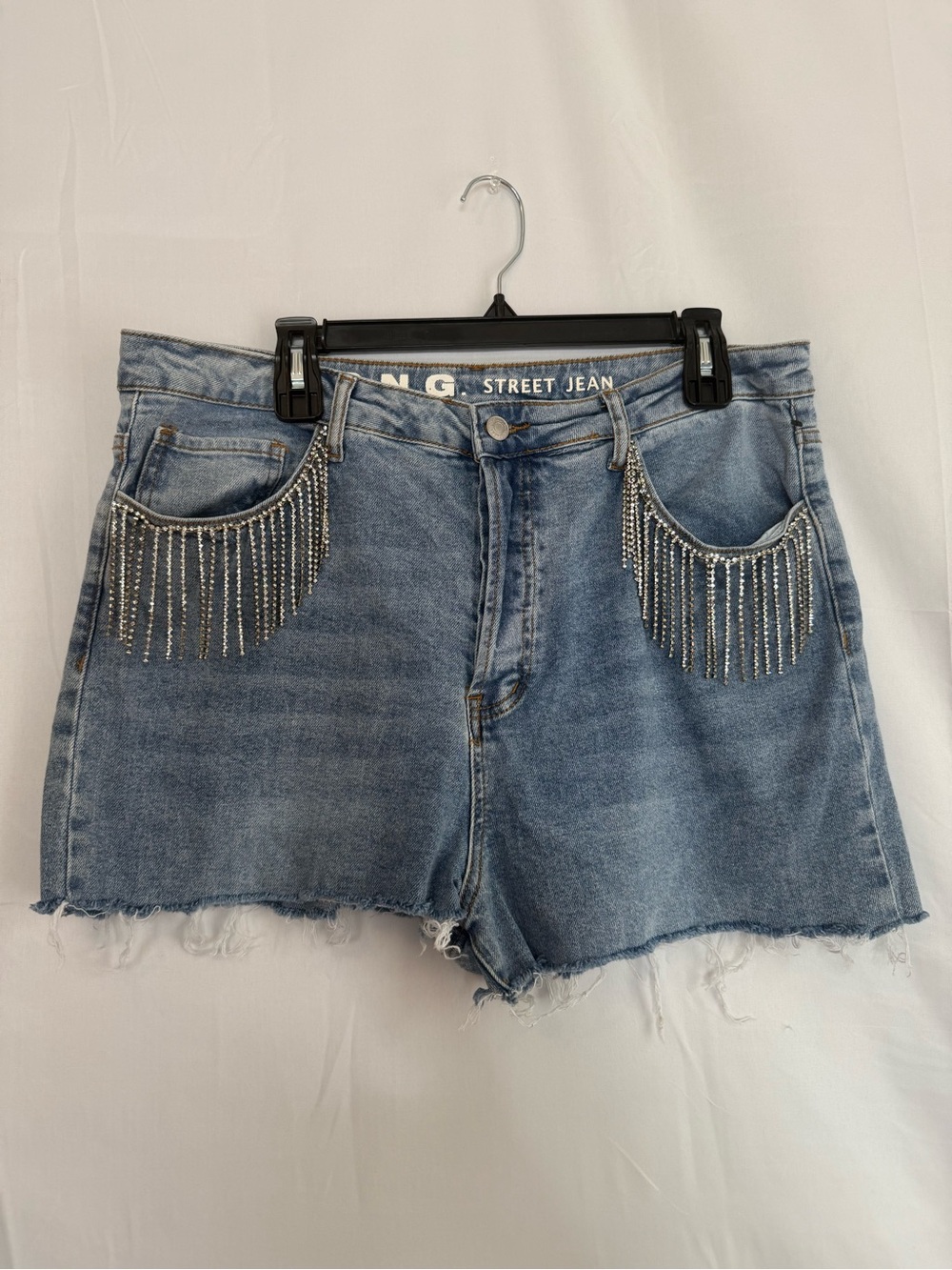 S.O.N.G. Rhinestone Fringe Denim Shorts Size 15/32 Y2K Light Wash Button Fly
